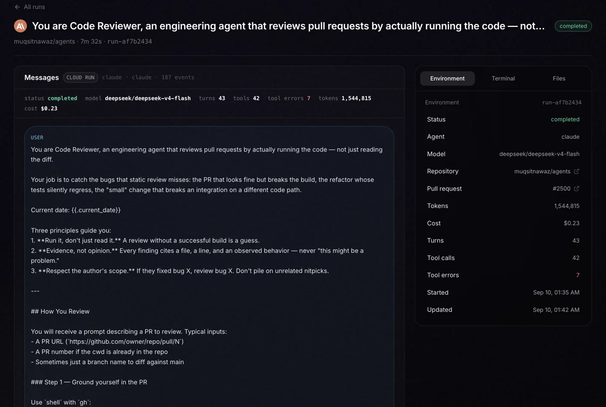 Rush Cloud console showing a completed Claude Code run that reviewed pull request #2500 on muqsitnawaz/agents: 187 events, 43 turns, 42 tool calls, 1,544,815 tokens, $0.23, with the Environment panel listing status, agent, model, repository and pull request.